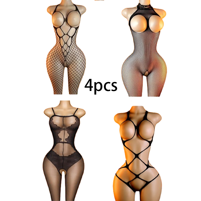 Lingerie - 4-delige set: Zwarte lingerie bodysuit met