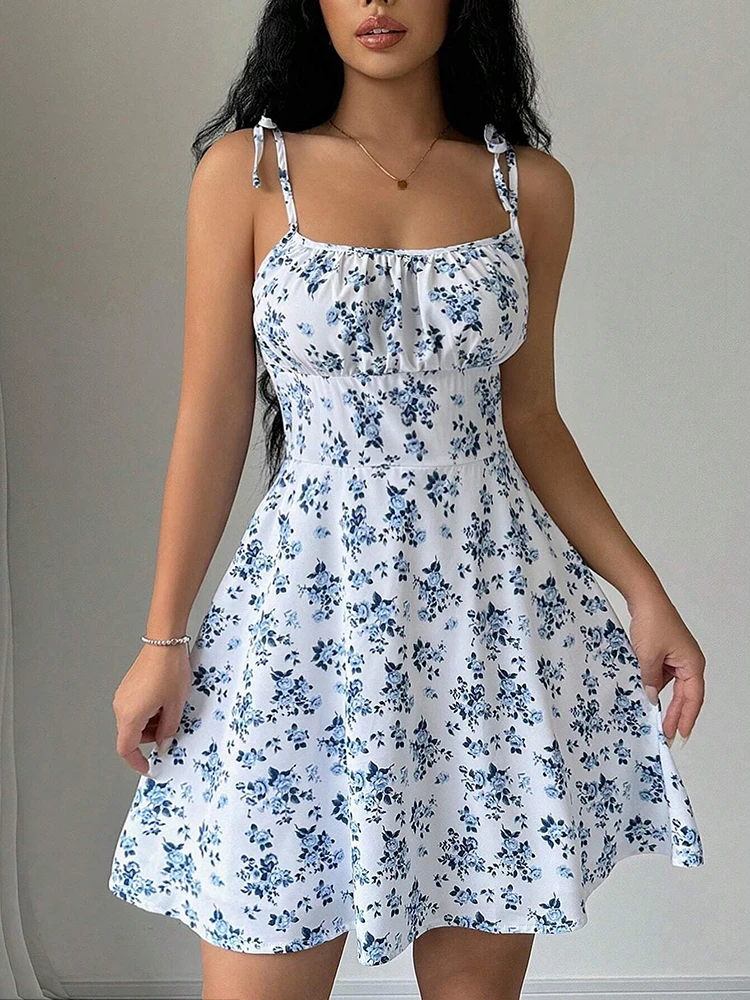 French Vintage Floral Midi Dress - Dames zomer bloemen spaghetti strand korte