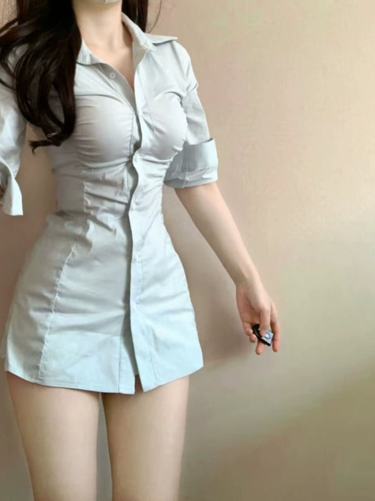 Korean Style A Line Shirt Dress - Sexy geplooide shirtjurk met tailleband, Koreaanse