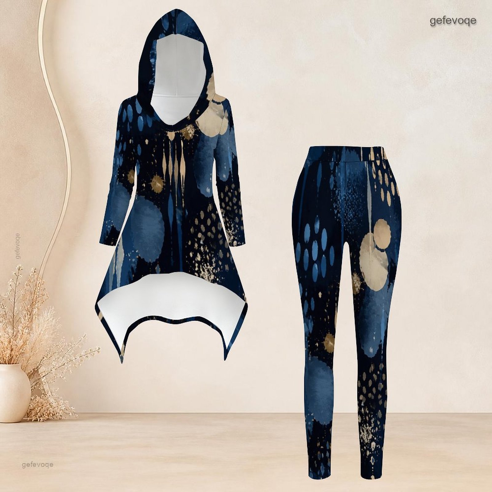 Tops - Dames abstract blauw goud geprinte hooded
