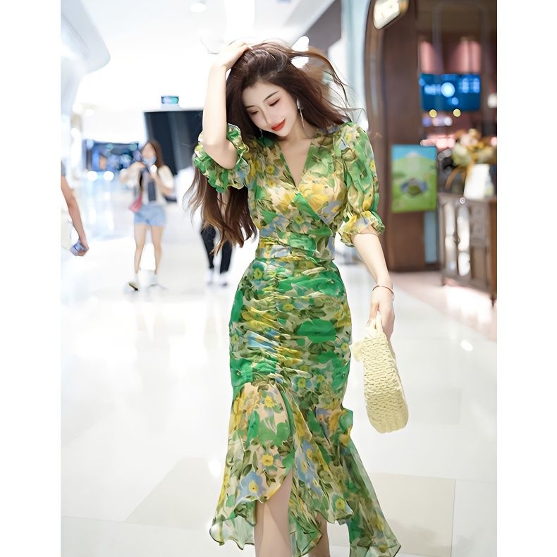 French Vintage Floral Midi Dress - Nieuwe zomermode-stijl taille-knuffeljurk 2025, donkergroene rok