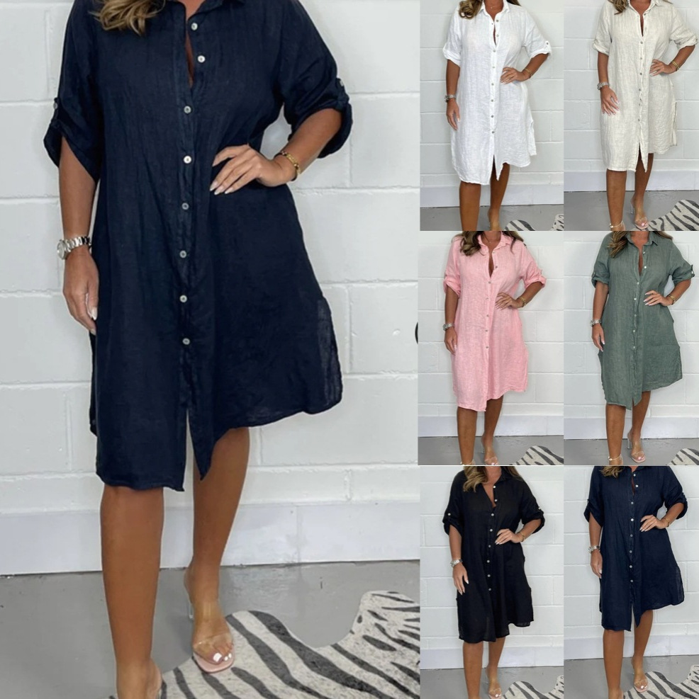 Lente Zomer Linnen 3/4 Mouw Lo - Casual Loose Linen Shirt Dress recensie en prijs