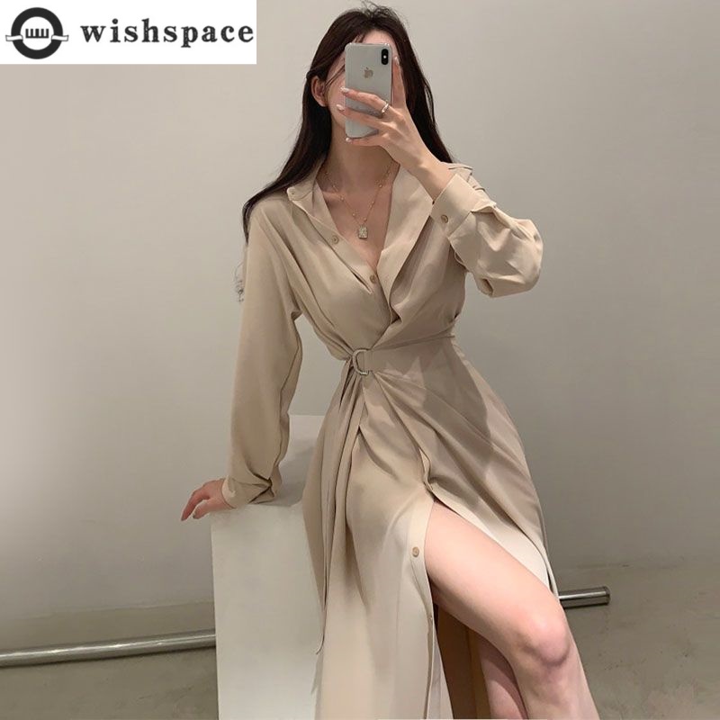 Lange mouwen revers shirt stij - Korean Style A Line Shirt Dress recensie en prijs
