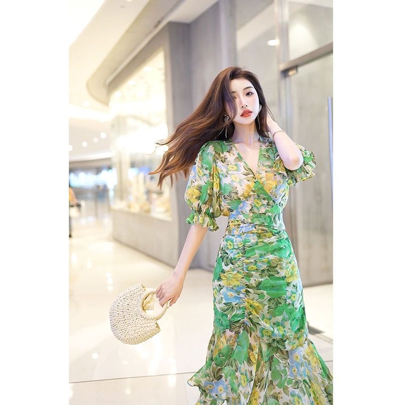 Nieuwe zomermode-stijl taille- - French Vintage Floral Midi Dress recensie en prijs