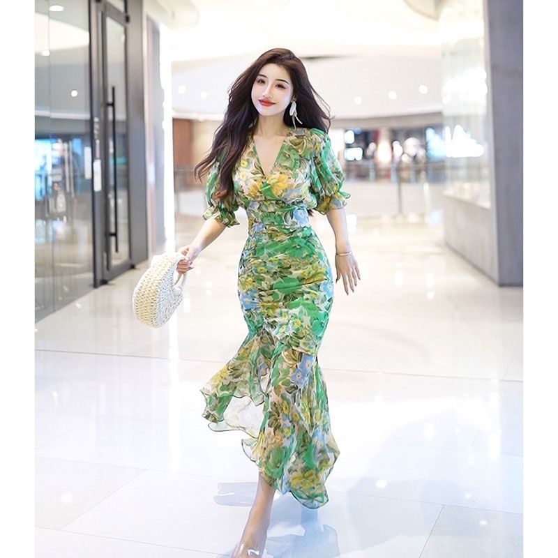 Nieuwe zomermode-stijl taille- - French Vintage Floral Midi Dress recensie en prijs